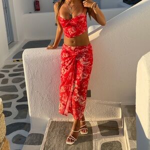 stradivarius Red pink and white Floral Two-Piece corset and midi skirt Set